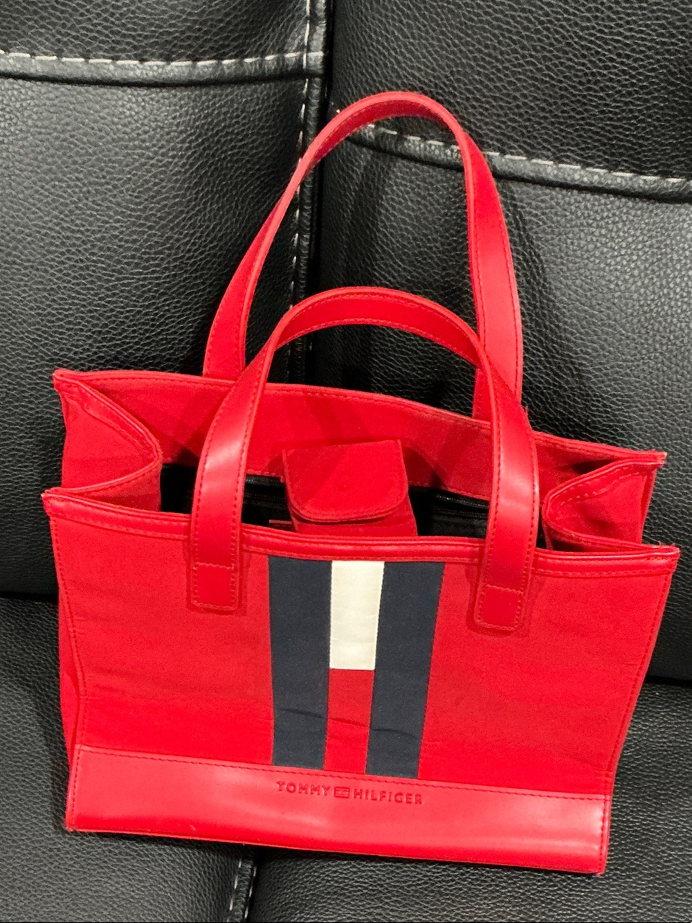 Tommy Hilfiger Red Canvas Tote with Signature Stripe